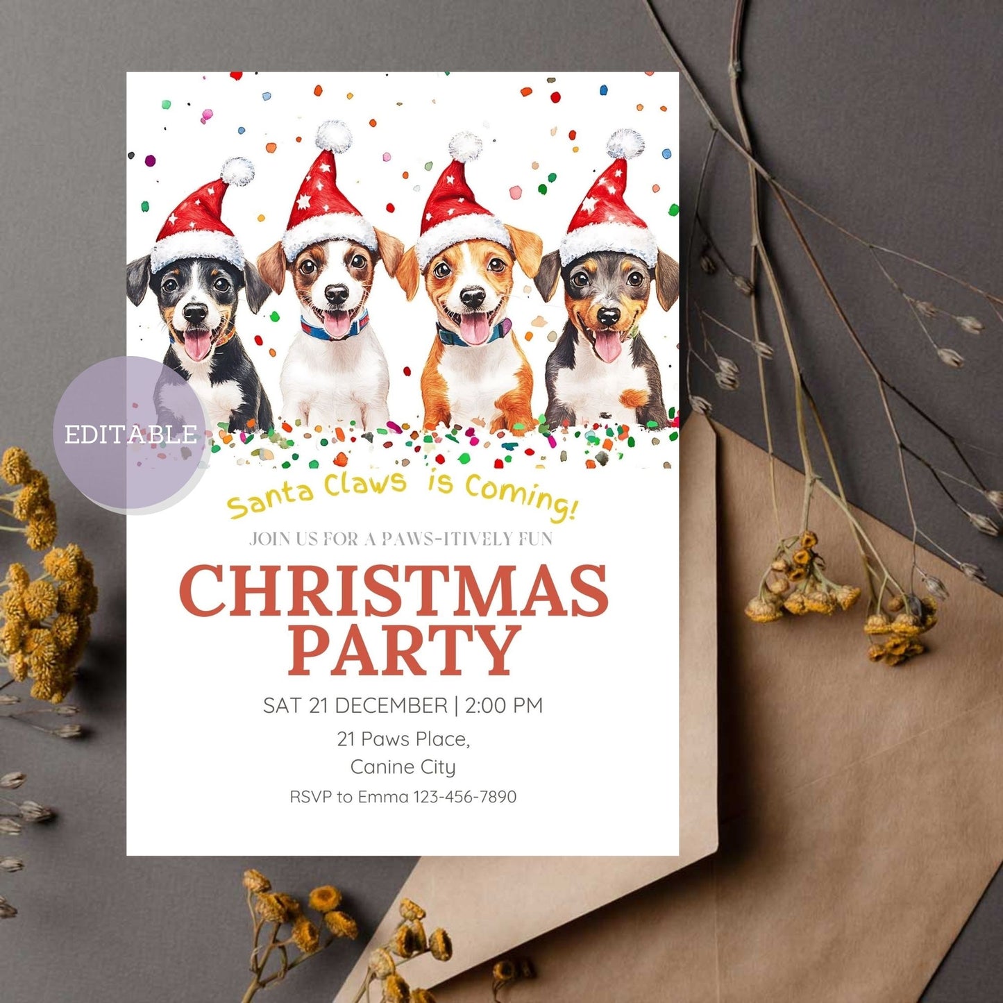 Customizable Jack Russell Terrier dog Christmas party invitation template for festive holiday celebrations.