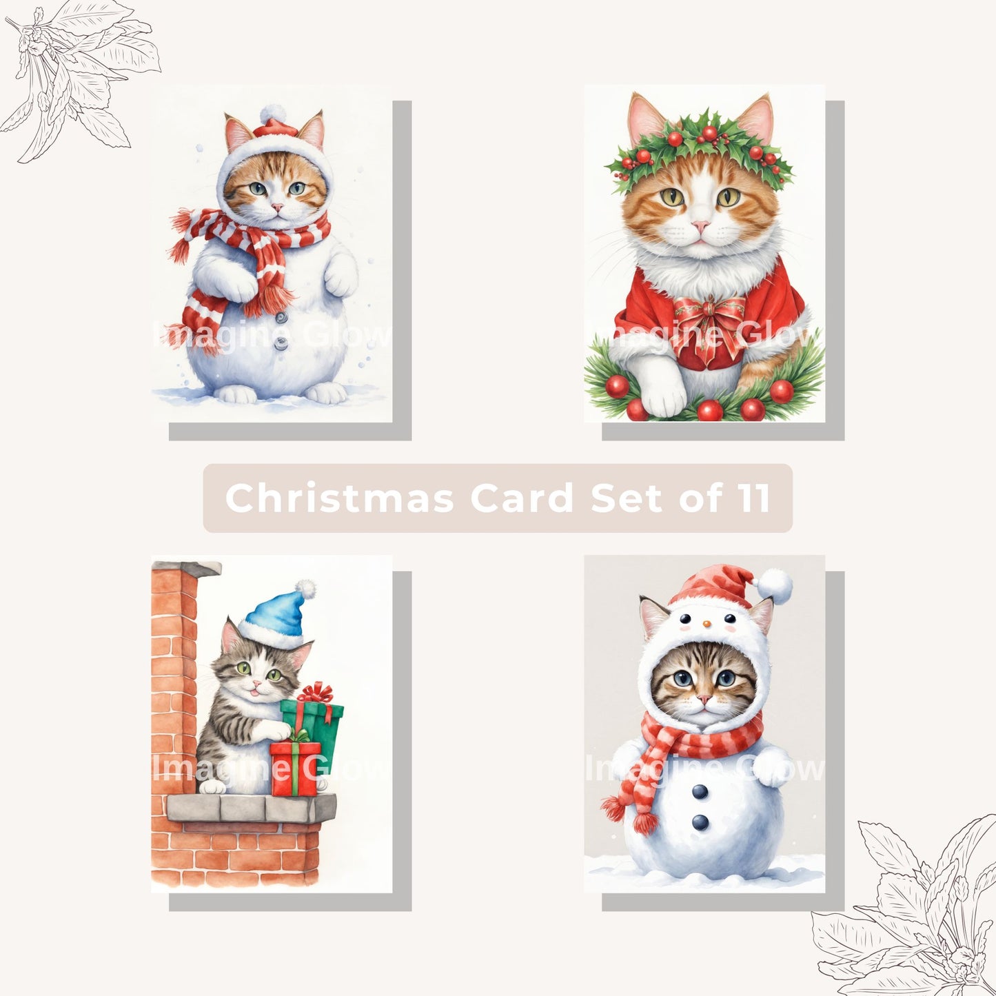 Set of 11 festive cat-themed Christmas cards for holiday greetings.
