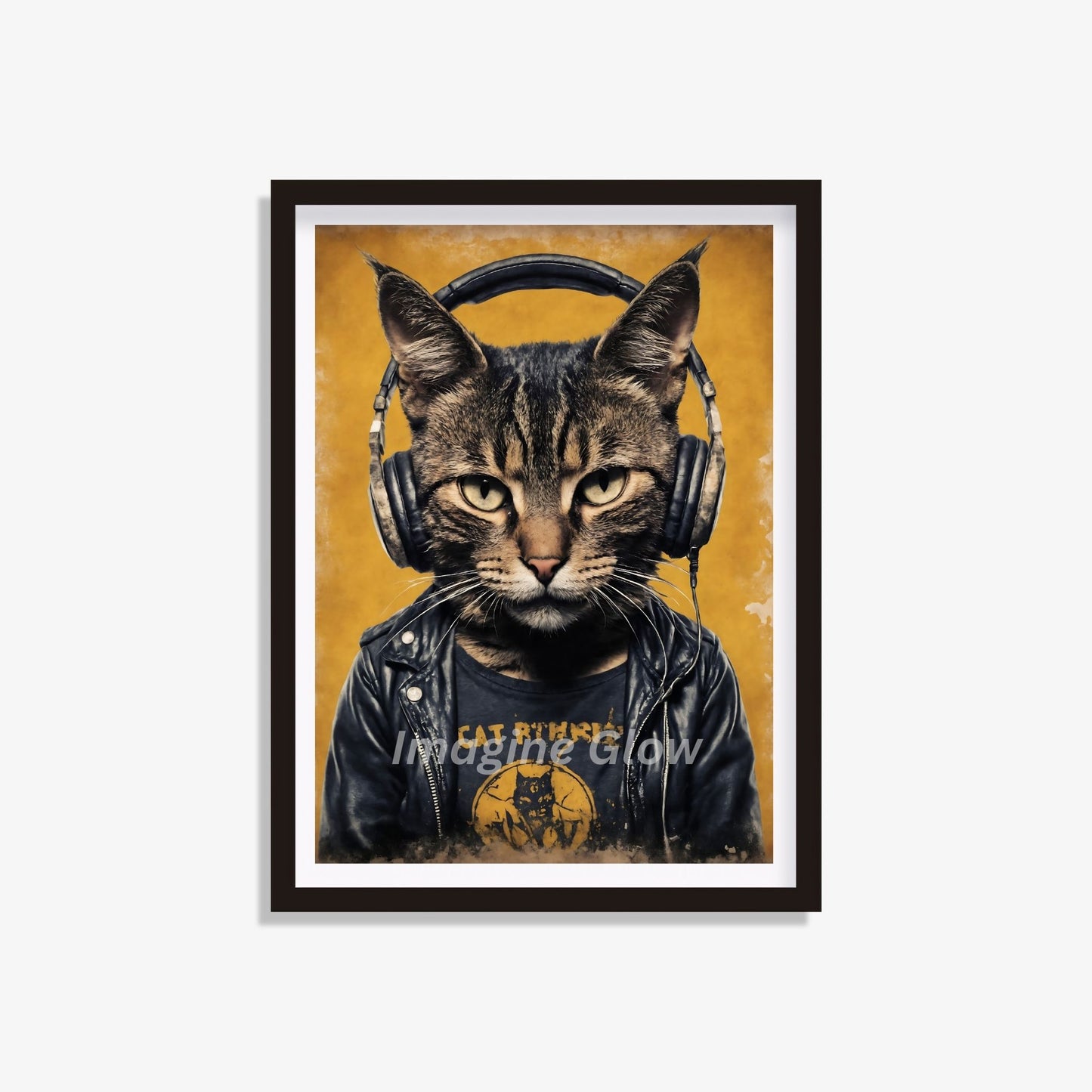 Retro Cat listening to music poster for vintage music decor.