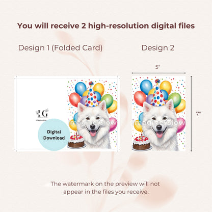 Adorable printable birthday card featuring an American Eskimo dog.