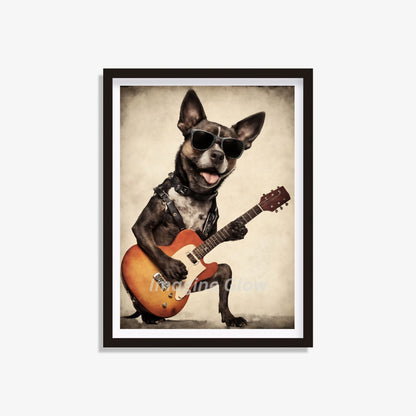 Printable retro animal poster featuring a dog playing guitar