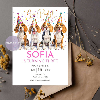 Custom Beagle Dog birthday invitation template, editable in Canva.