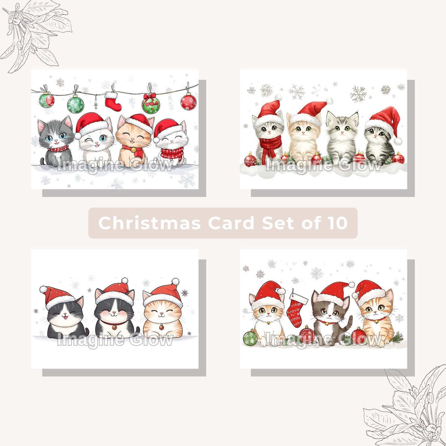 Printable Cat Christmas Card Set C featuring 10 unique pet holiday cards.