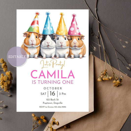 Editable birthday invitation template featuring an adorable guinea pig design, perfect for personalizing your child's birthday celebration.