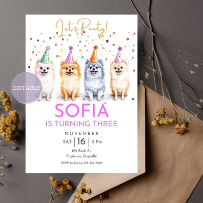 Custom Pomeranian dog birthday invitation, editable in Canva.