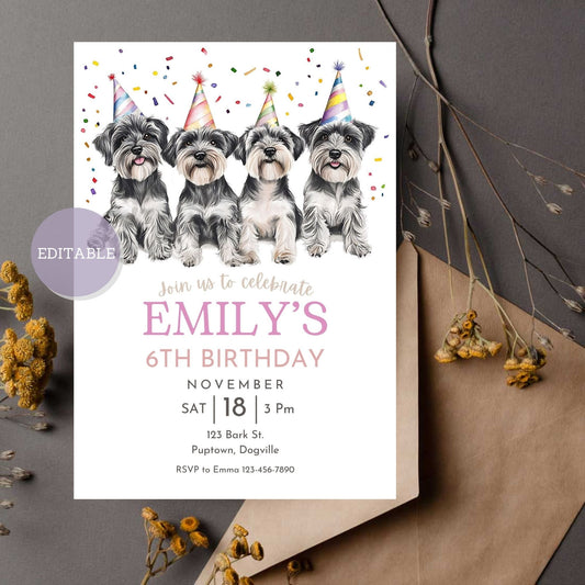 Editable Miniature Schnauzer dog birthday invitation template for pet-themed celebrations.