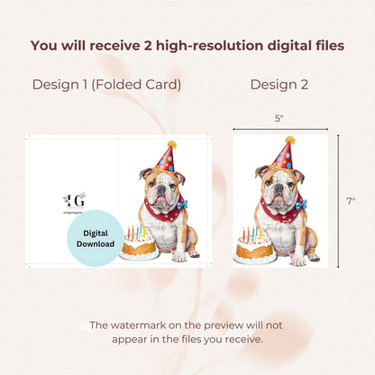 Printable Bulldog greeting card, ideal for dog lovers' birthdays.
