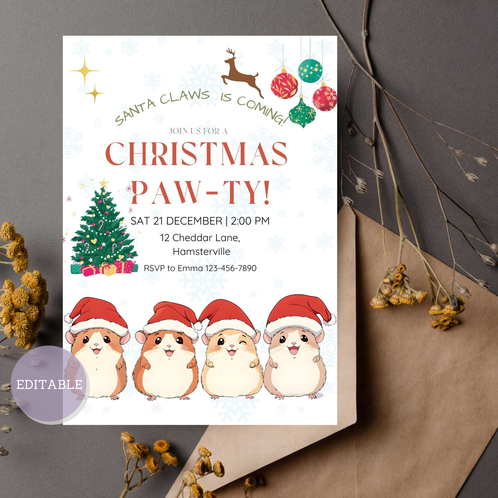 Editable Hamster Christmas Invitation featuring a cute holiday theme - Digital download, ready to personalize for your event.