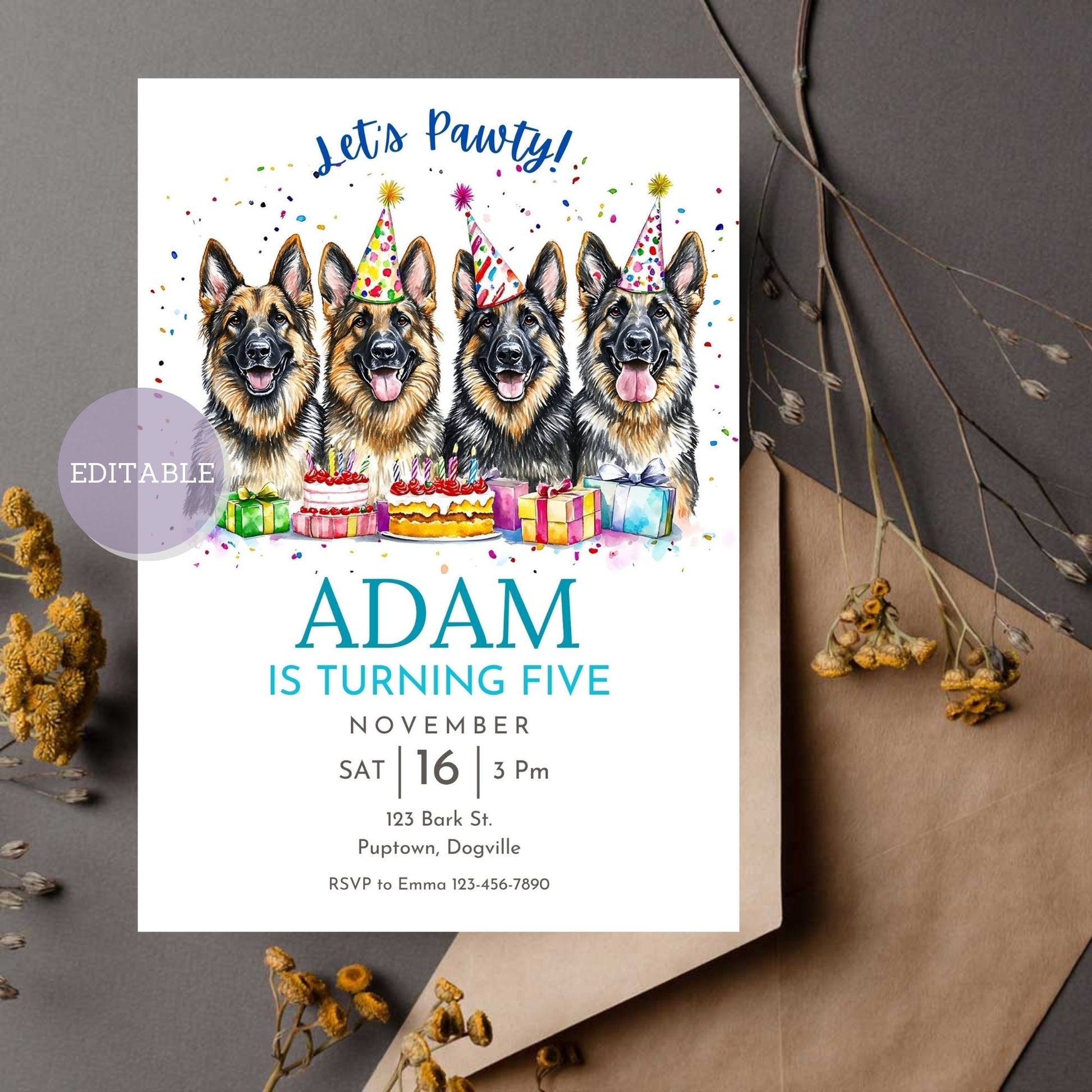 Custom German Shepherd dog birthday invitation, editable in Canva.