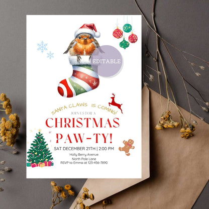 Customizable robin Christmas party invitation with festive design
