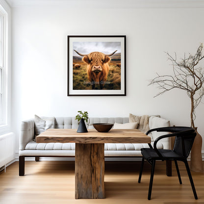 Printable wall art featuring detailed illustrations of Highland cows