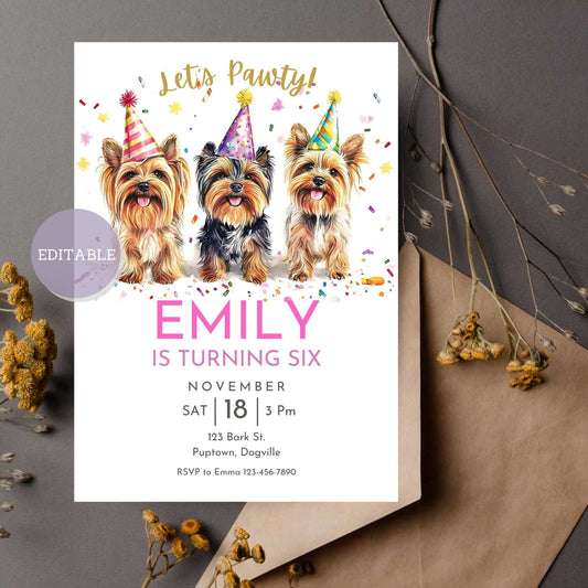 Customizable Yorkshire Terrier dog birthday invitation template.