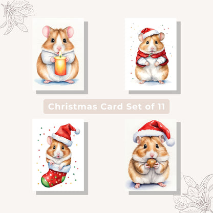 Set of 11 hamster Christmas cards featuring adorable pet designs.
Printable holiday cards showcasing festive hamsters for pet lovers.
Cute greeting cards with hamsters dressed in holiday attire.