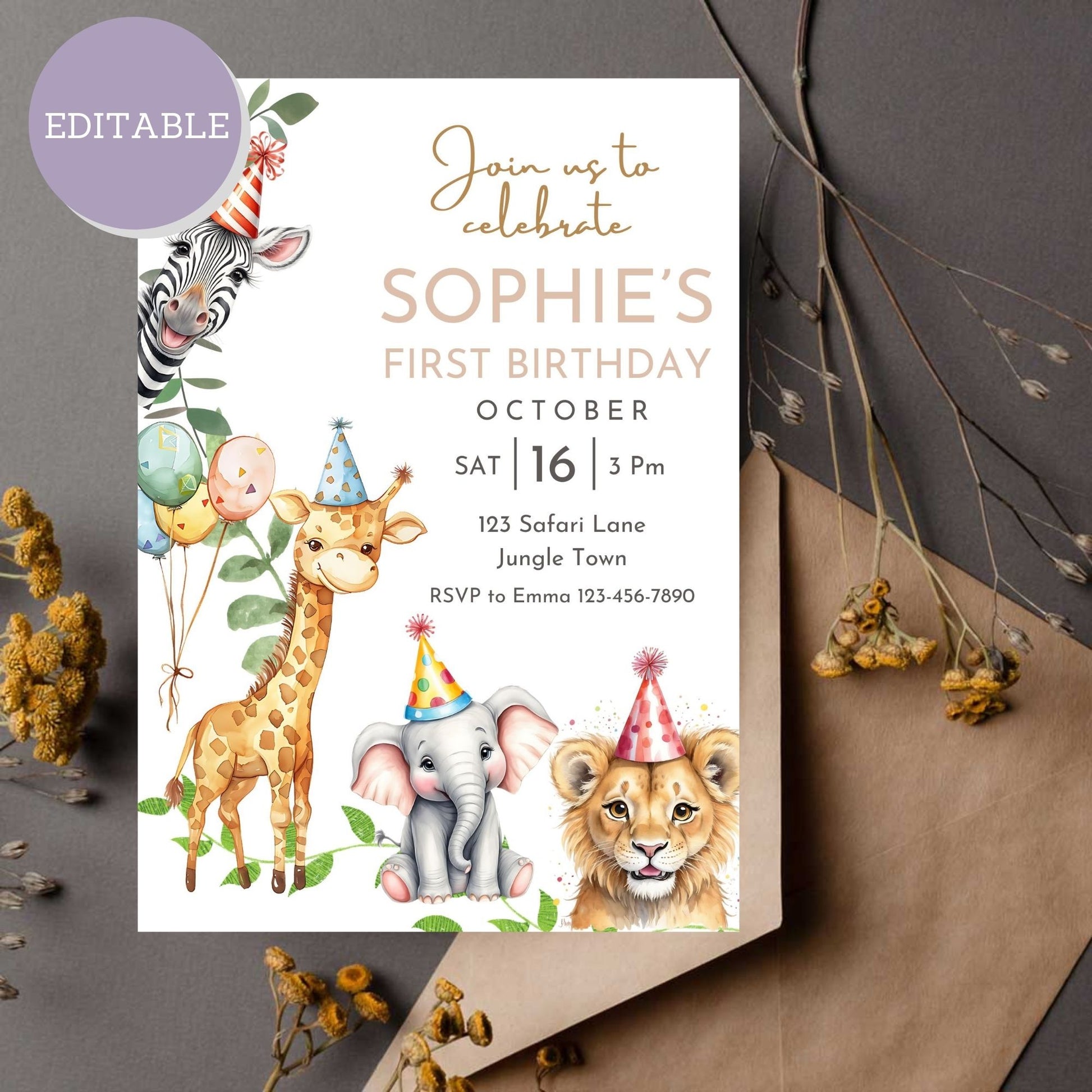 Editable jungle safari animal birthday invitation template for a 1st birthday, printable