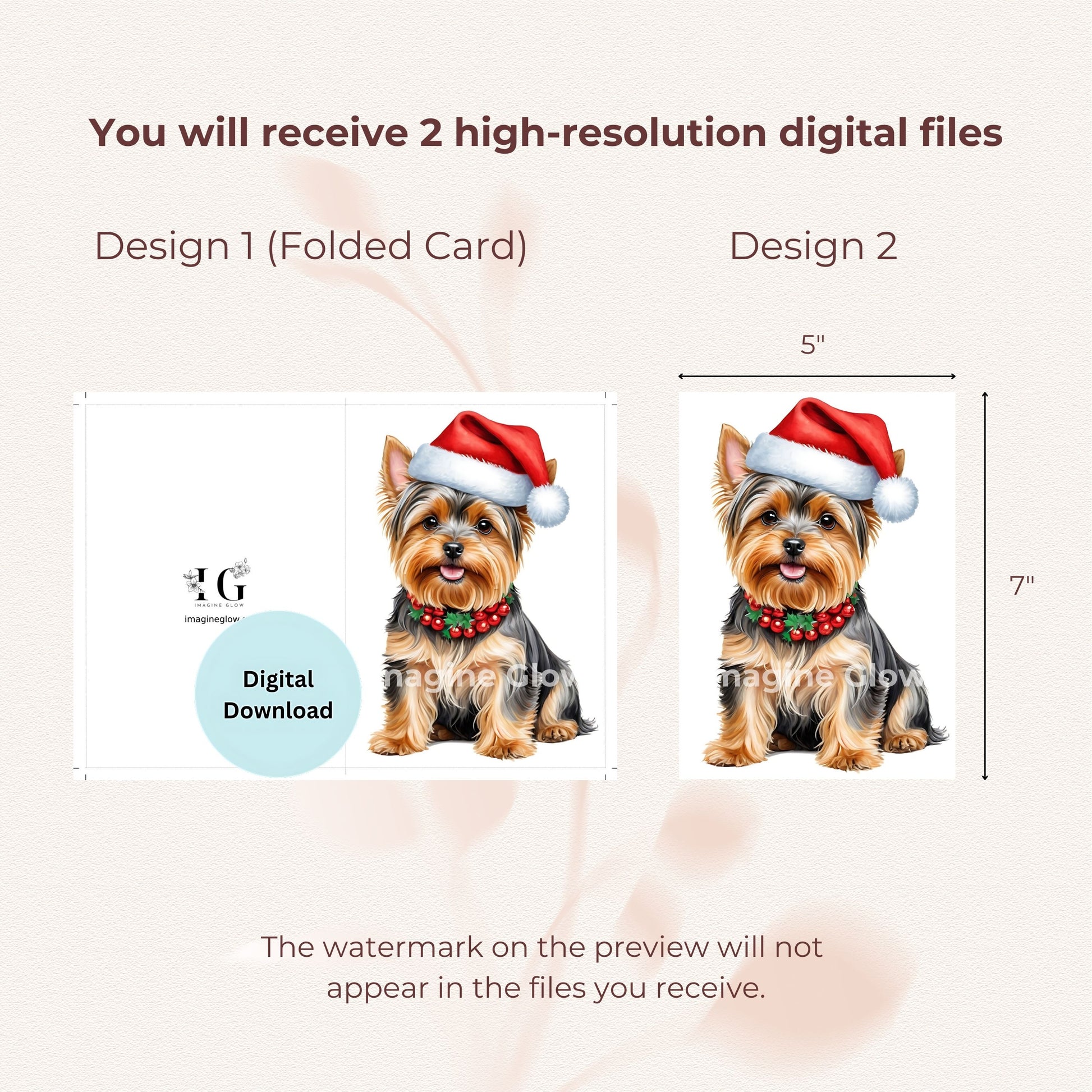 Printable dog festive card showcasing an adorable Yorkshire Terrier.
