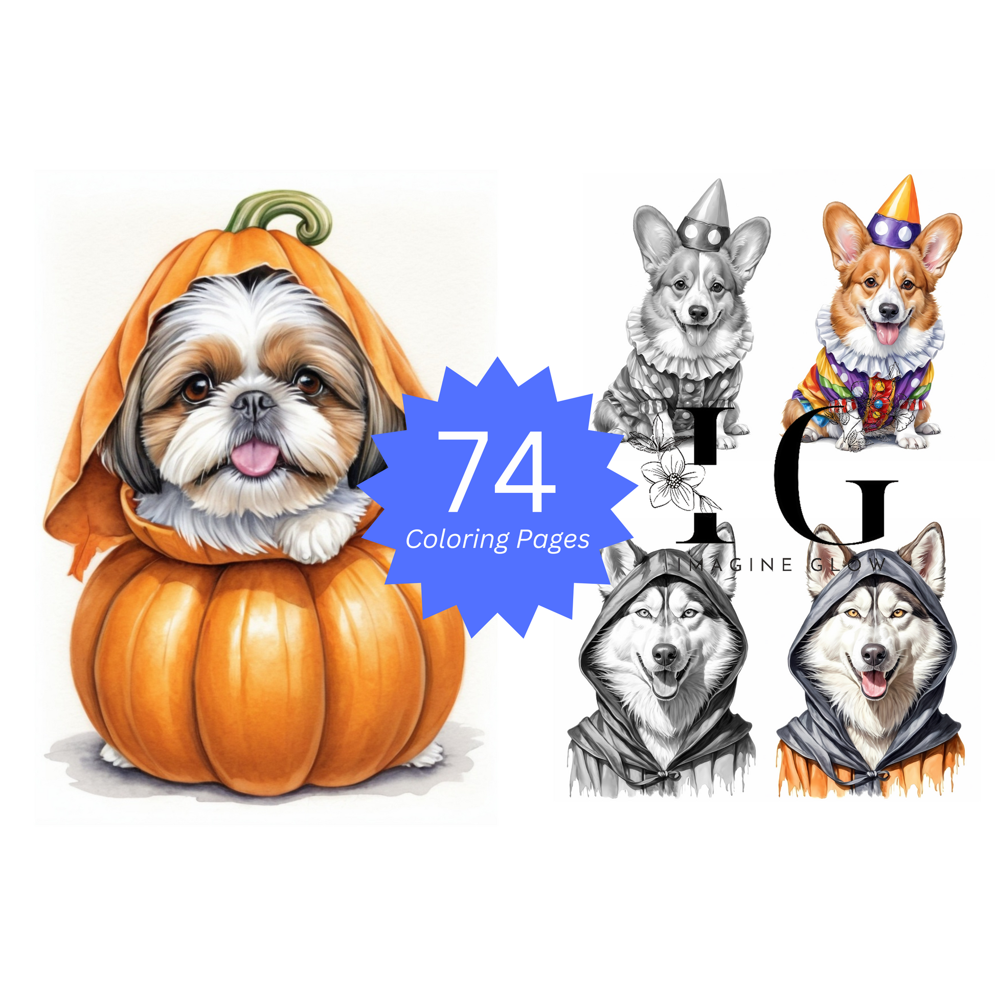 4 Halloween costume dog printable coloring pages for kids and adults.