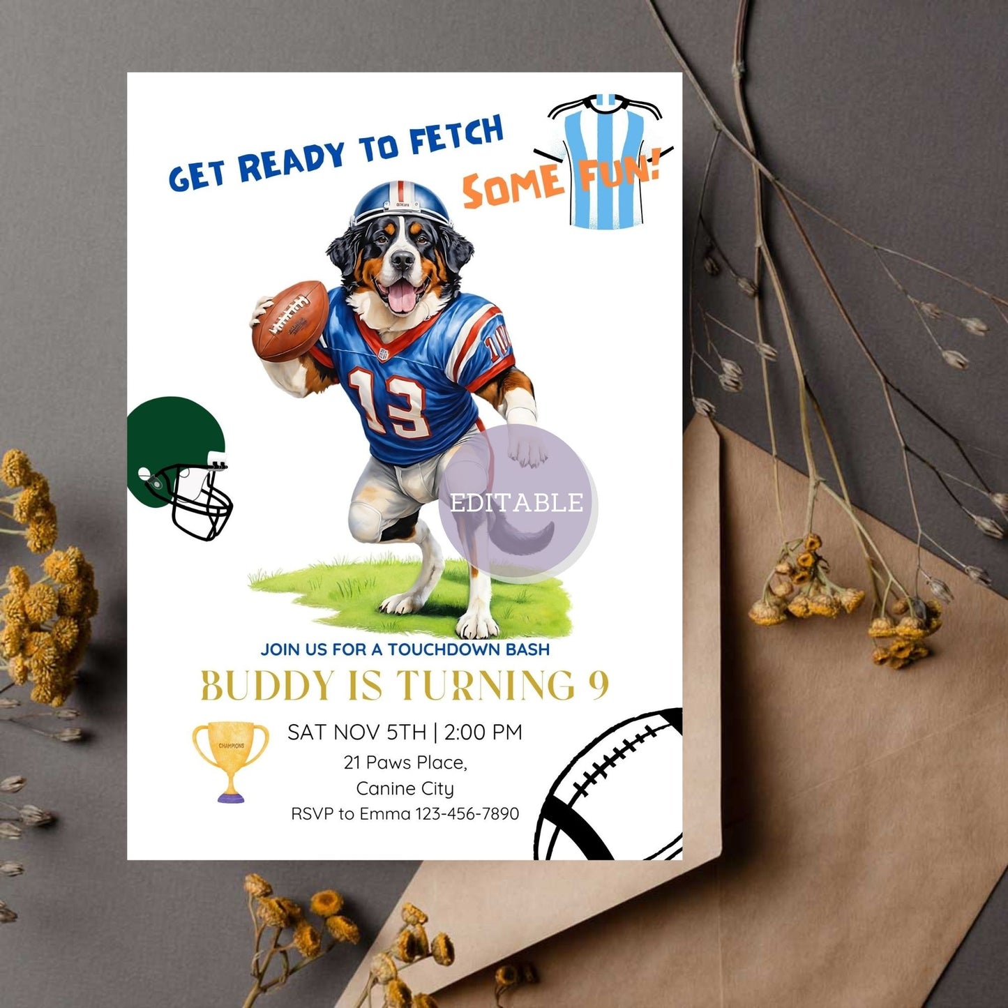 American Football birthday invitation template with Bernese Mountain Dog theme
