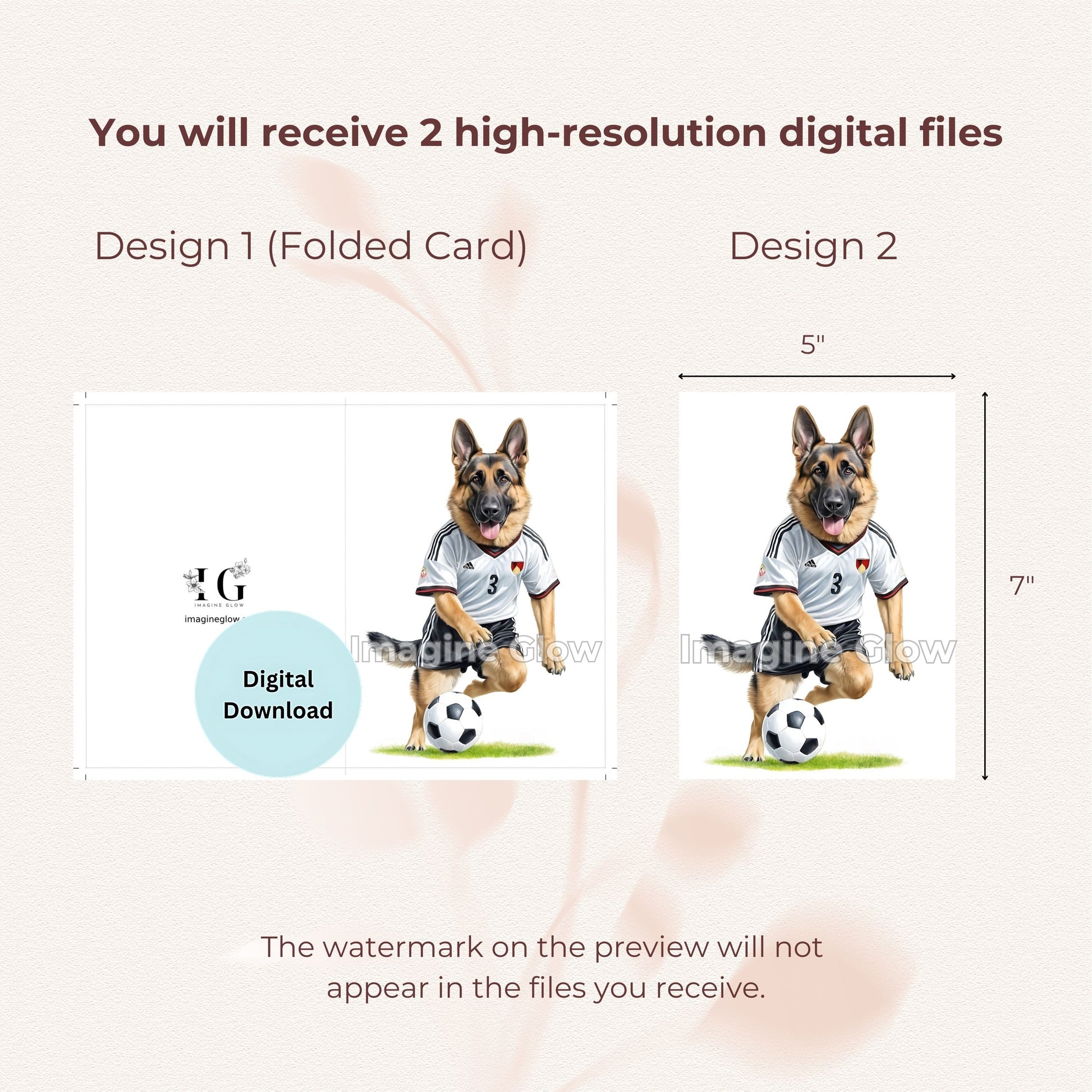 Printable German Shepherd soccer card designed for dog lovers and soccer fans