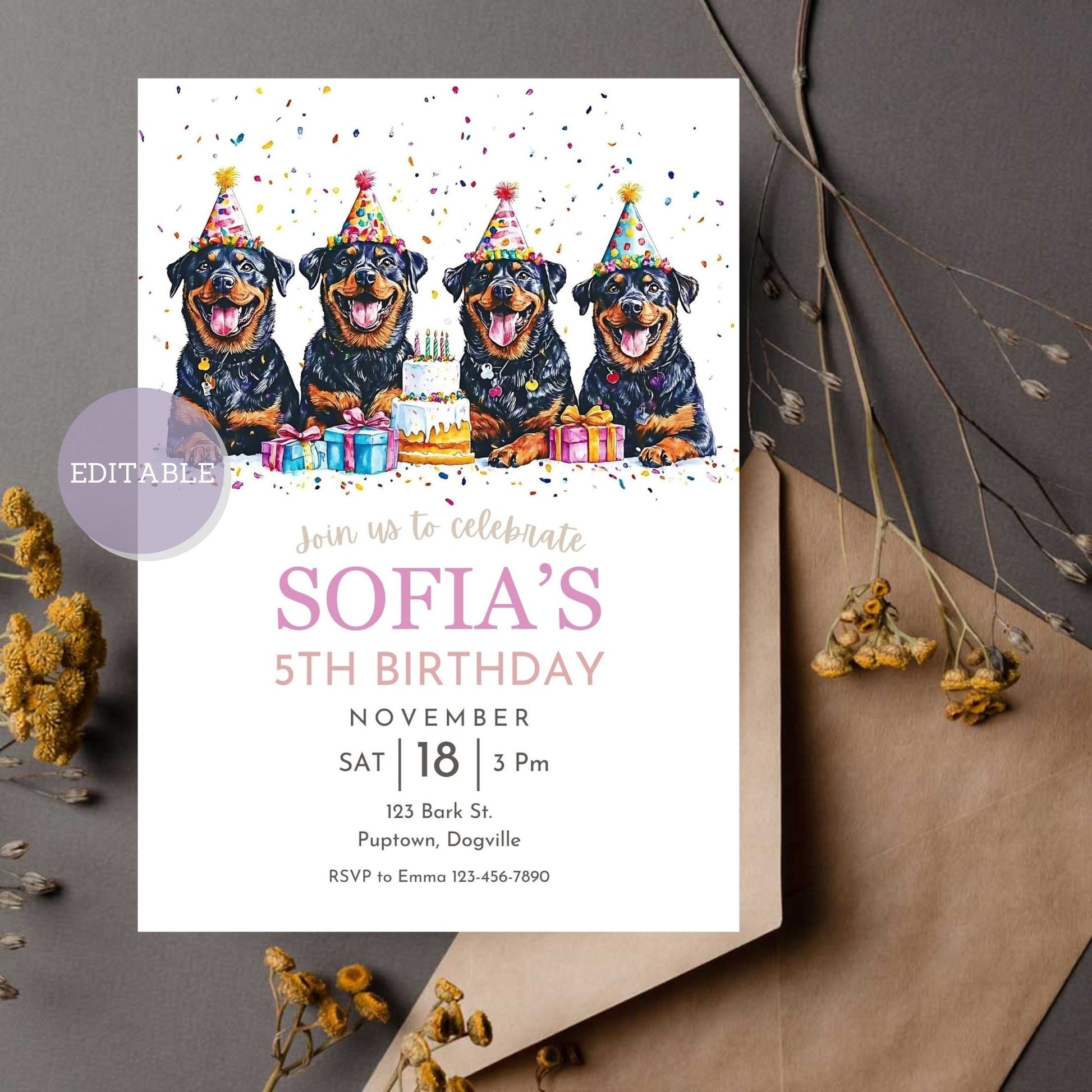 Editable Rottweiler birthday invitation template, customizable and printable.