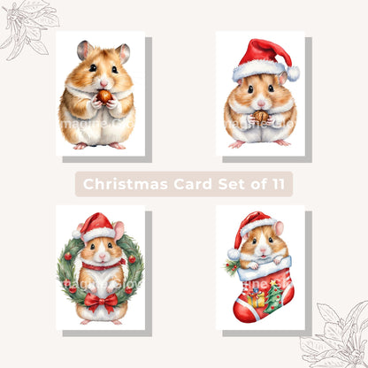 Festive hamster Christmas card set with 11 adorable pet holiday designs.
