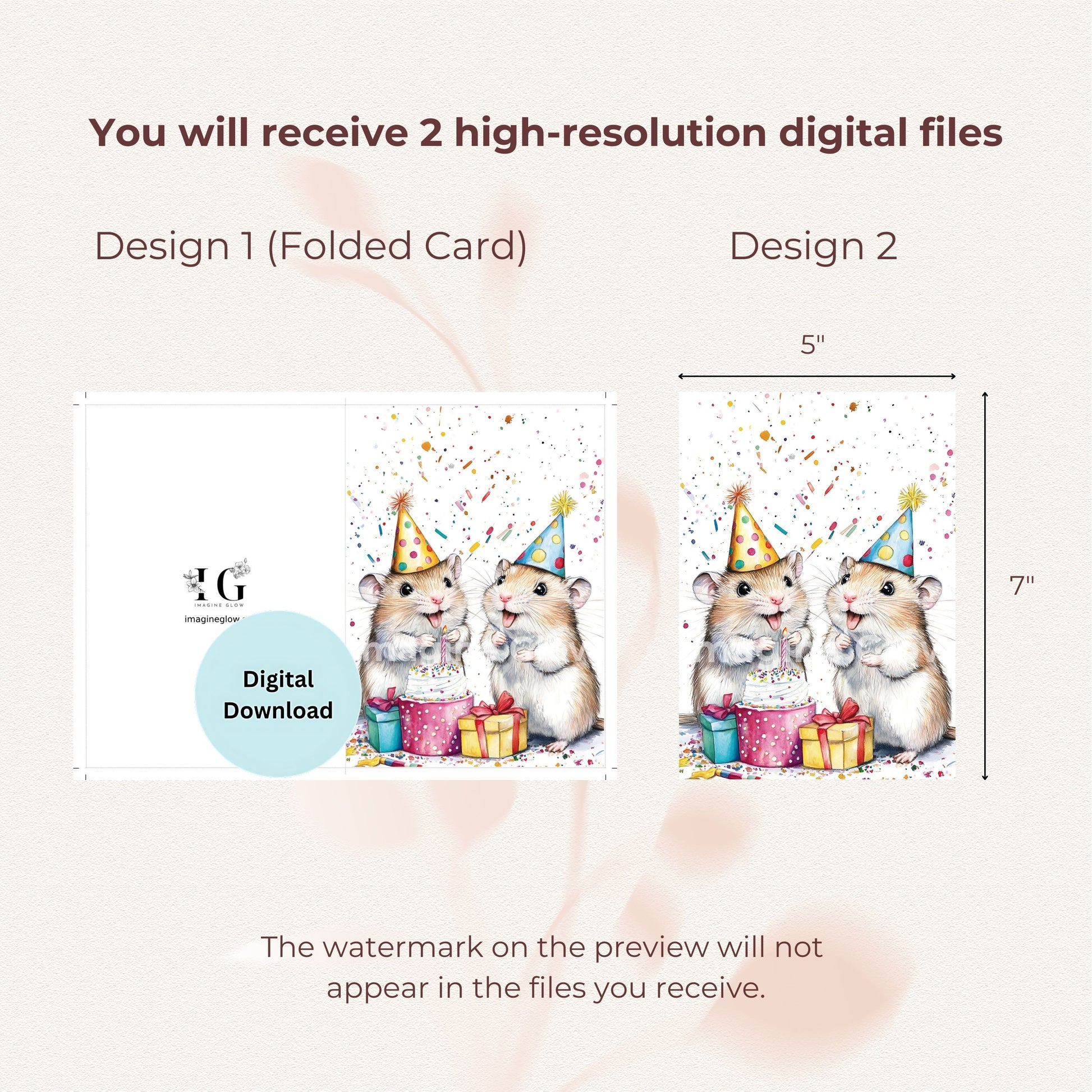 Hamsters birthday card digital download featuring cute hamsters at a festive party