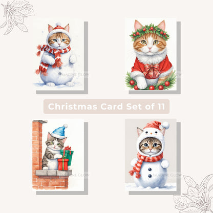 Set of 11 festive cat-themed Christmas cards for holiday greetings.