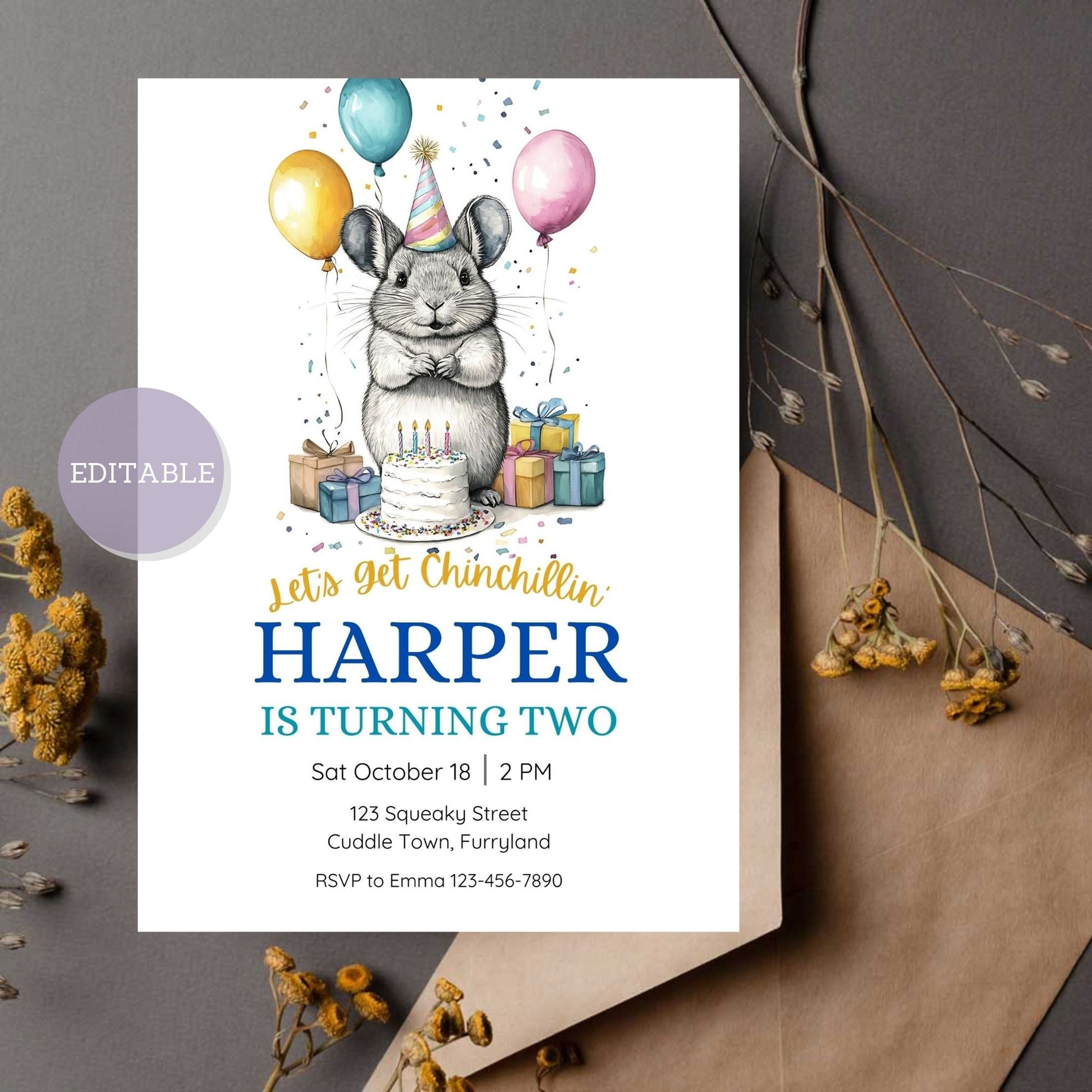 Editable chinchilla birthday invitation template, customizable in Canva.