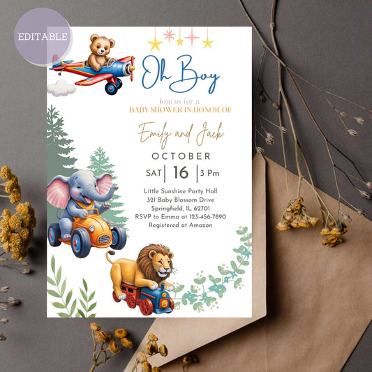 Customizable safari animal baby shower invitation template for a fun celebration. Printable baby shower invitation template, customizable with Canva for a unique celebration.