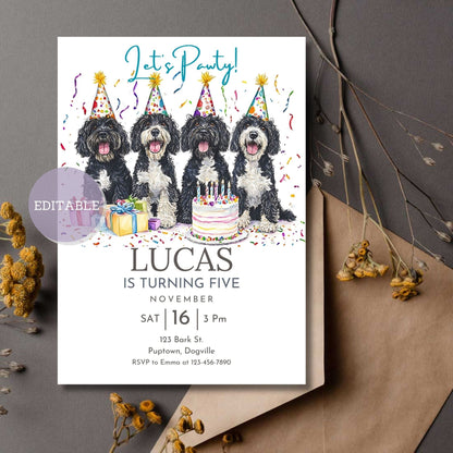 Portuguese Water Dog birthday invitation template, editable in Canva.