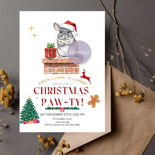 Printable Christmas party invite with chinchilla design, editable in Canva