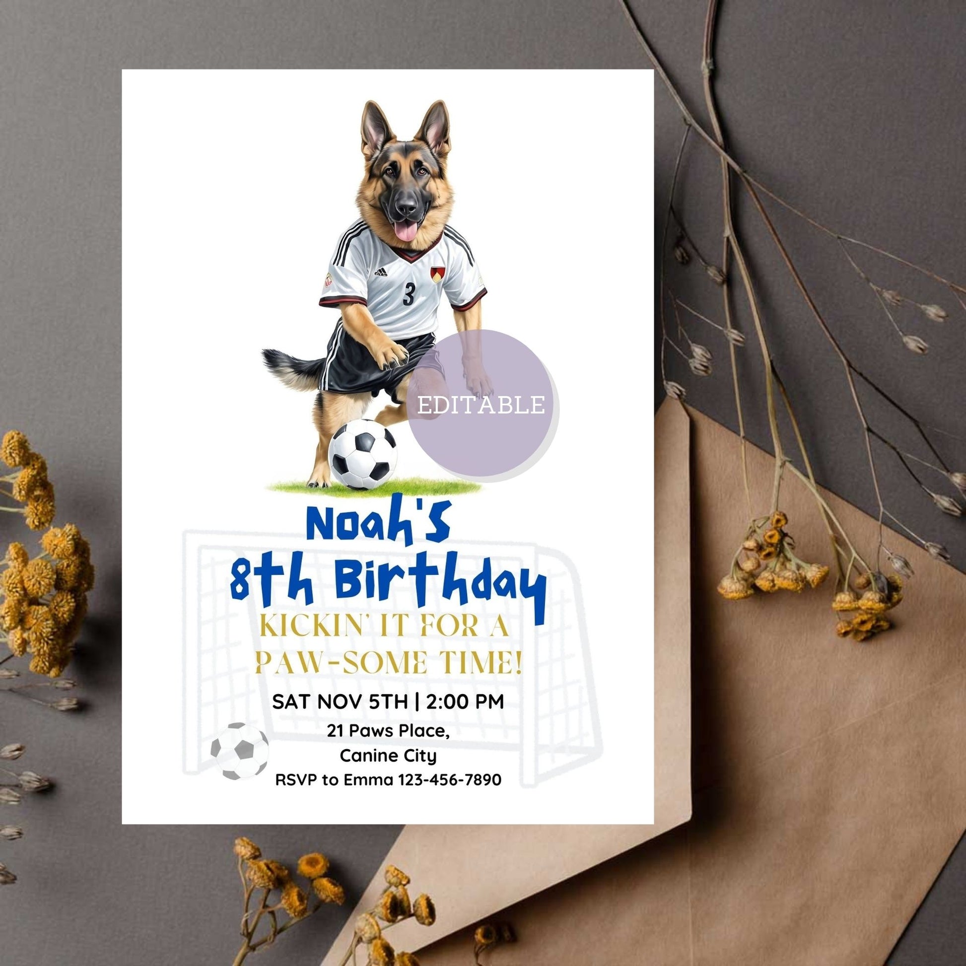 German Shepherd dog soccer birthday invitation for a fun party theme