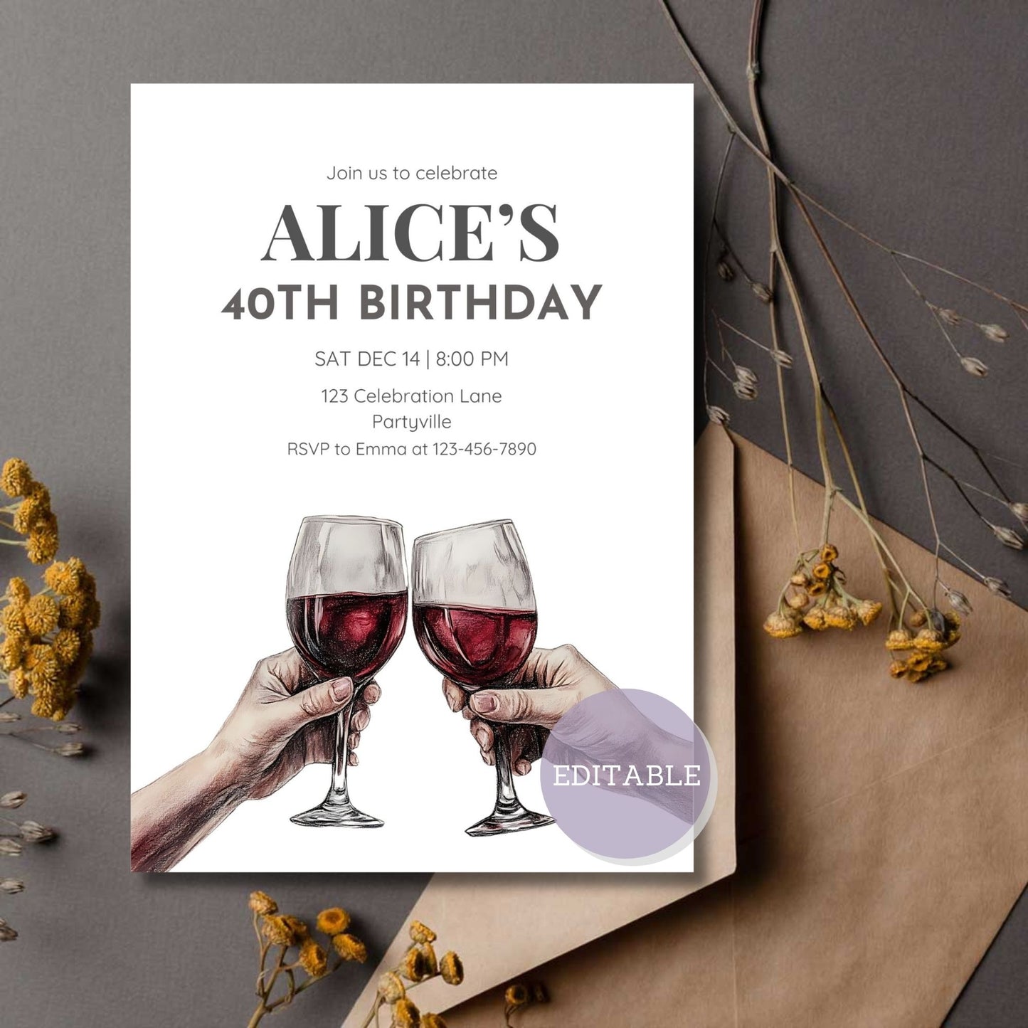 Editable red wine-themed birthday invitation template in Canva.