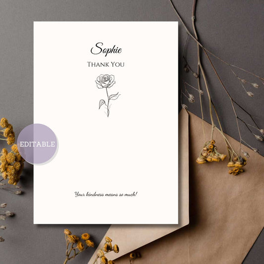 Editable thank you card template with a minimalist rose design, customizable in Canva for instant download.