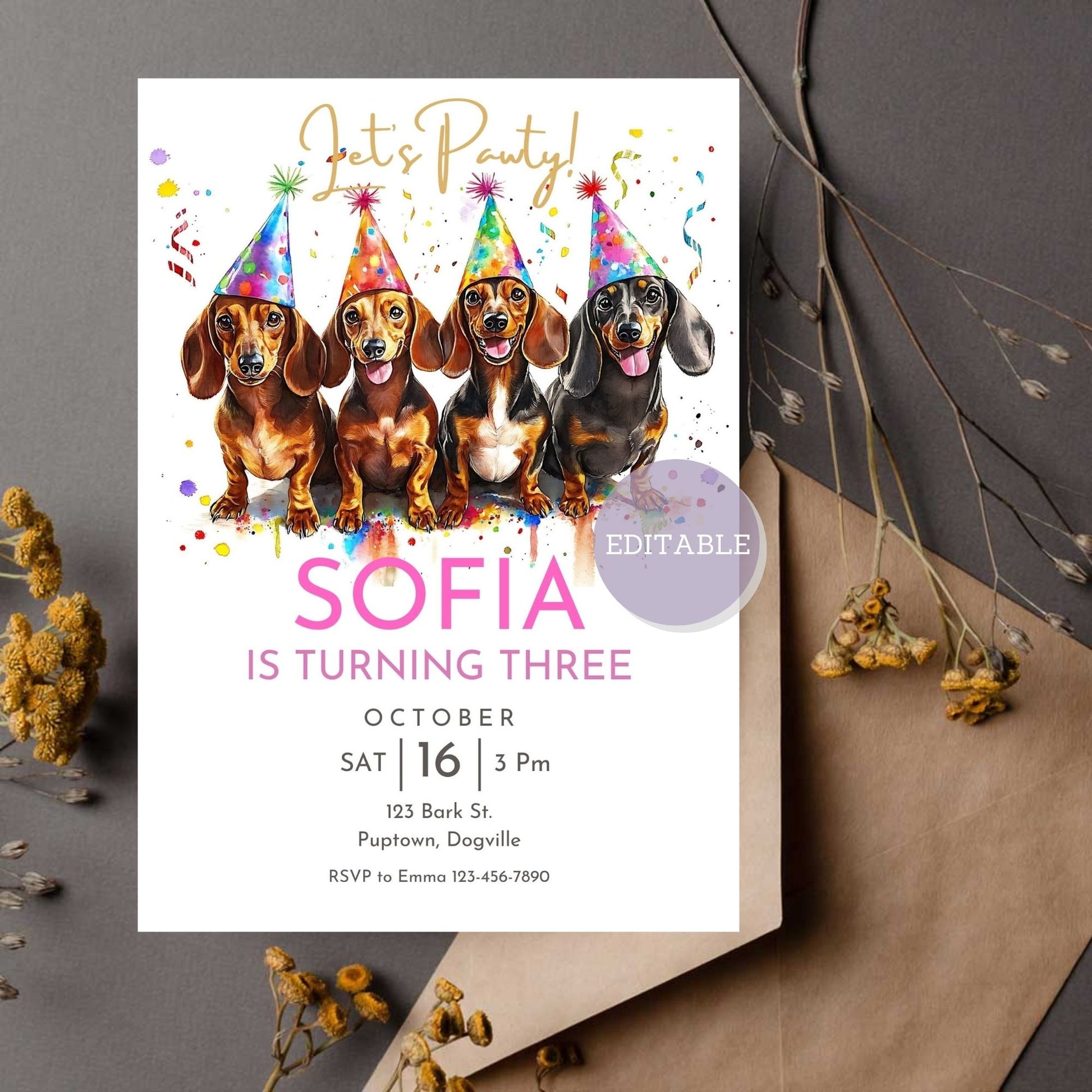 Dachshund dog birthday invitation template for dog-themed parties
