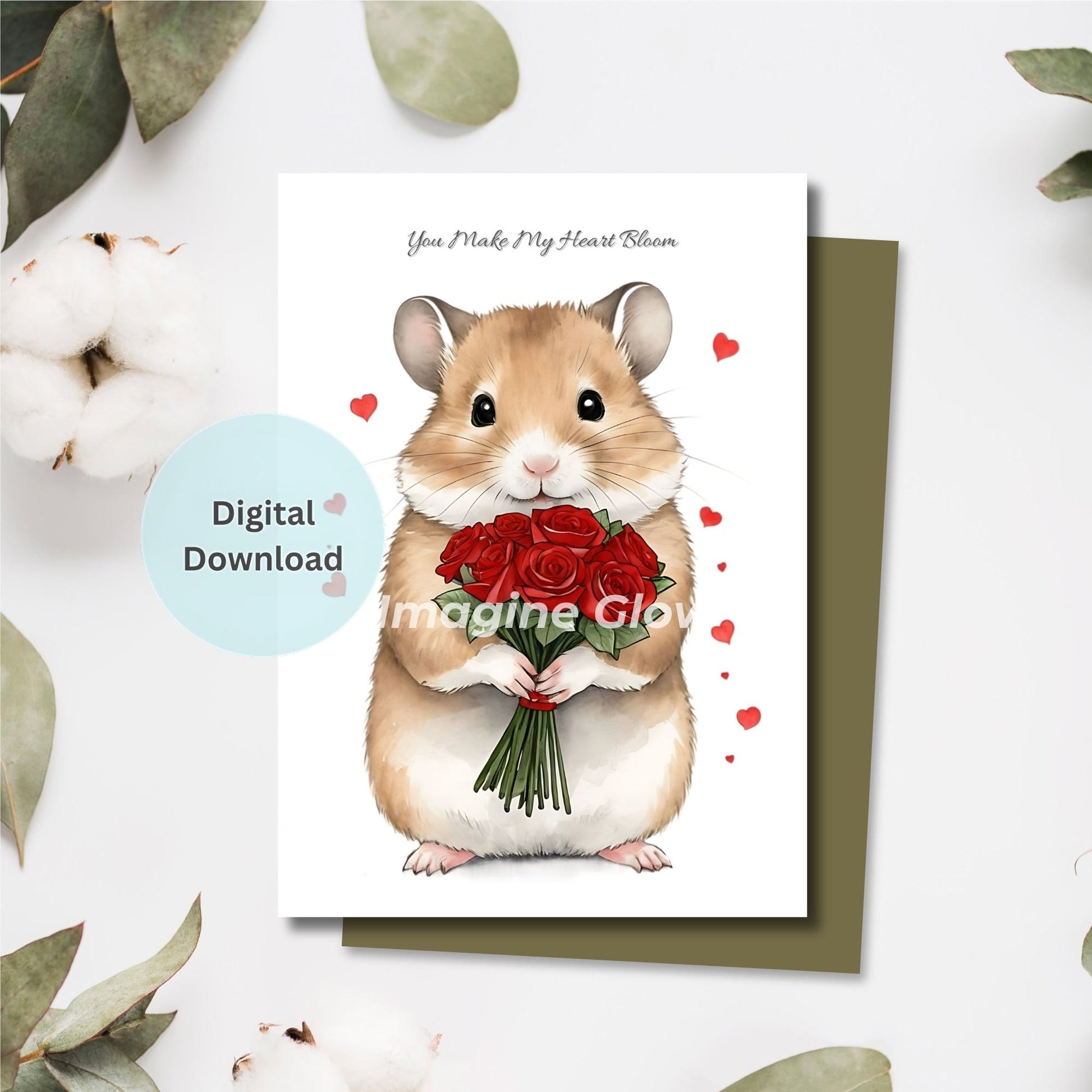 Adorable Hamster holding red roses on romantic greeting card