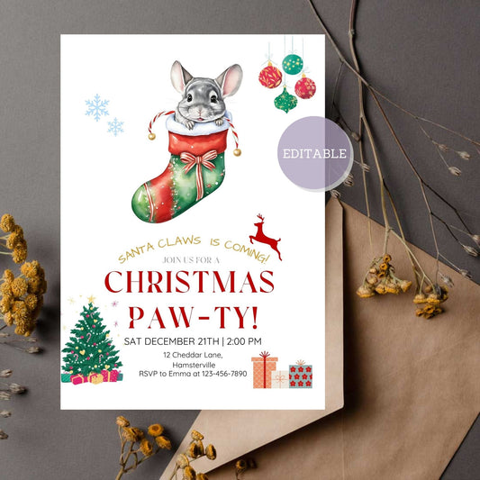 Printable Christmas party invite with chinchilla design, editable in Canva