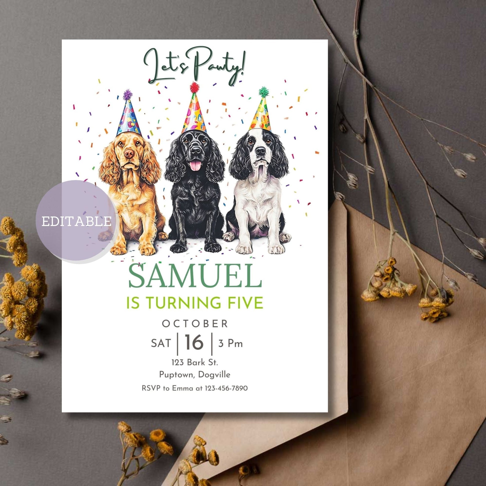 Cocker Spaniel Dog birthday invitation template, editable in Canva.