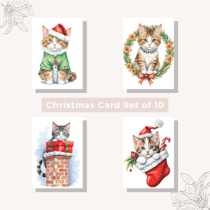 Set of 10 festive cat-themed Christmas cards for holiday greetings.
