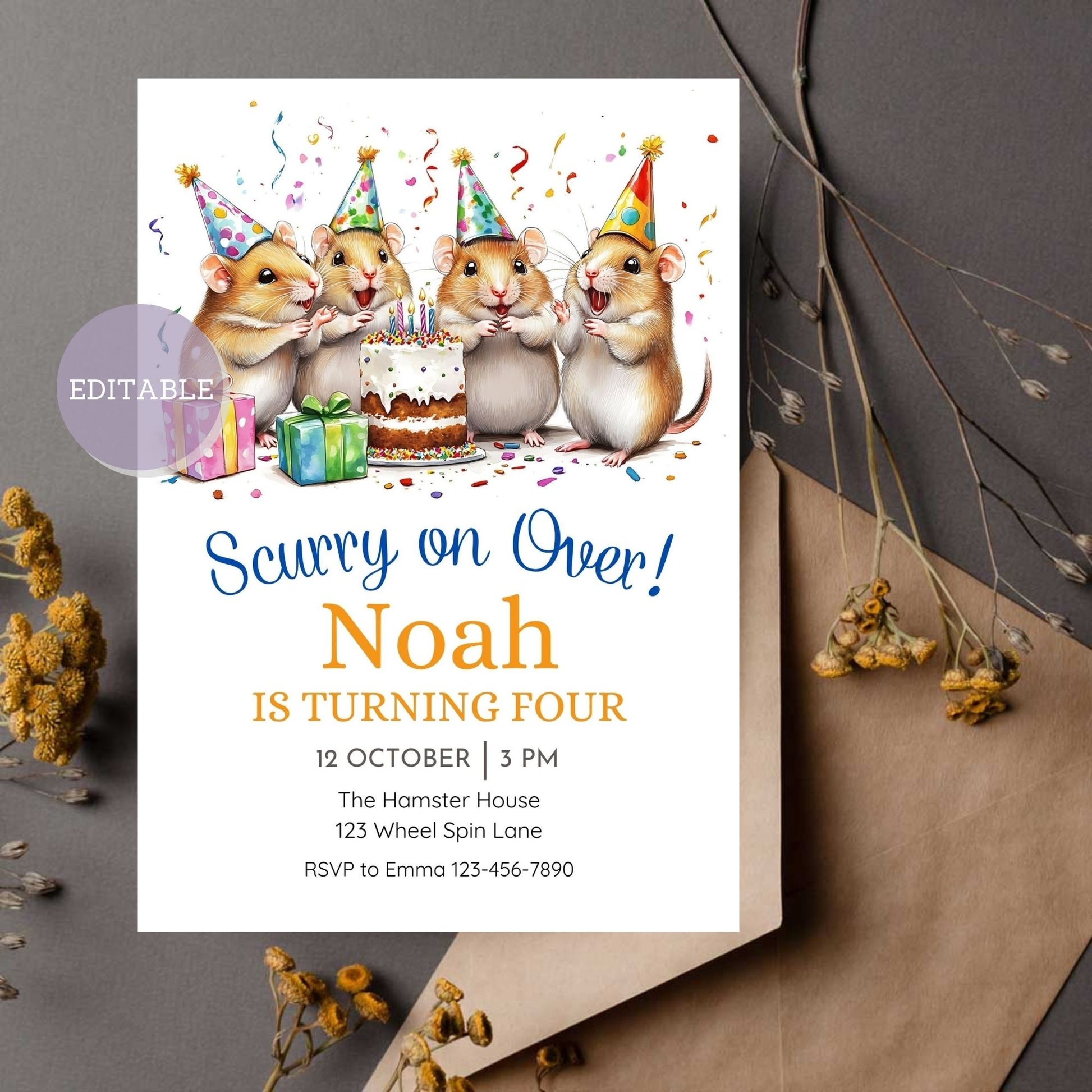 Editable hamster birthday invitation template, printable and customizable