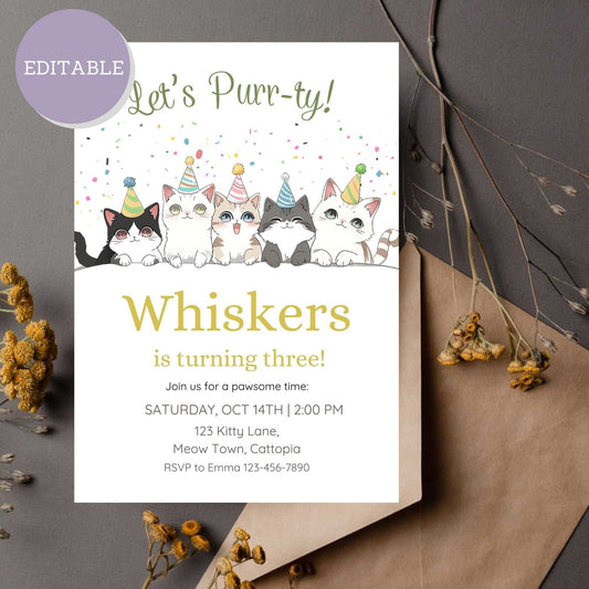 Customizable kitten birthday invitation template, printable and editable