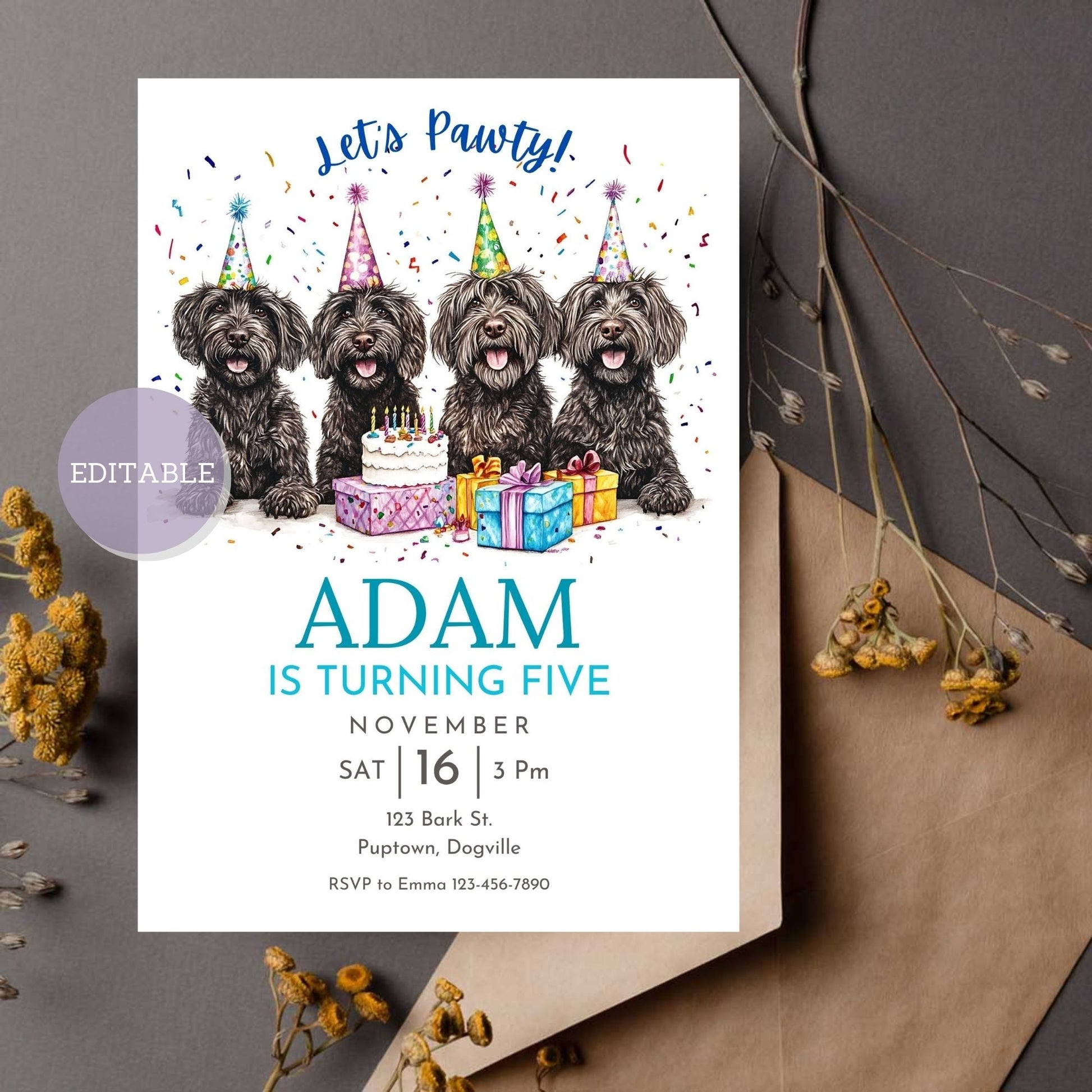 Editable Wirehaired Pointing Griffon birthday invitation template, customizable and printable.