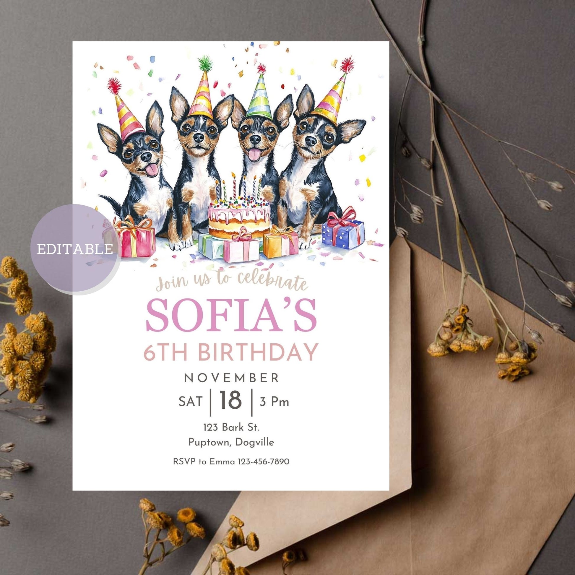 Editable Toy Fox Terrier dog birthday invitation template for dog-themed celebrations.