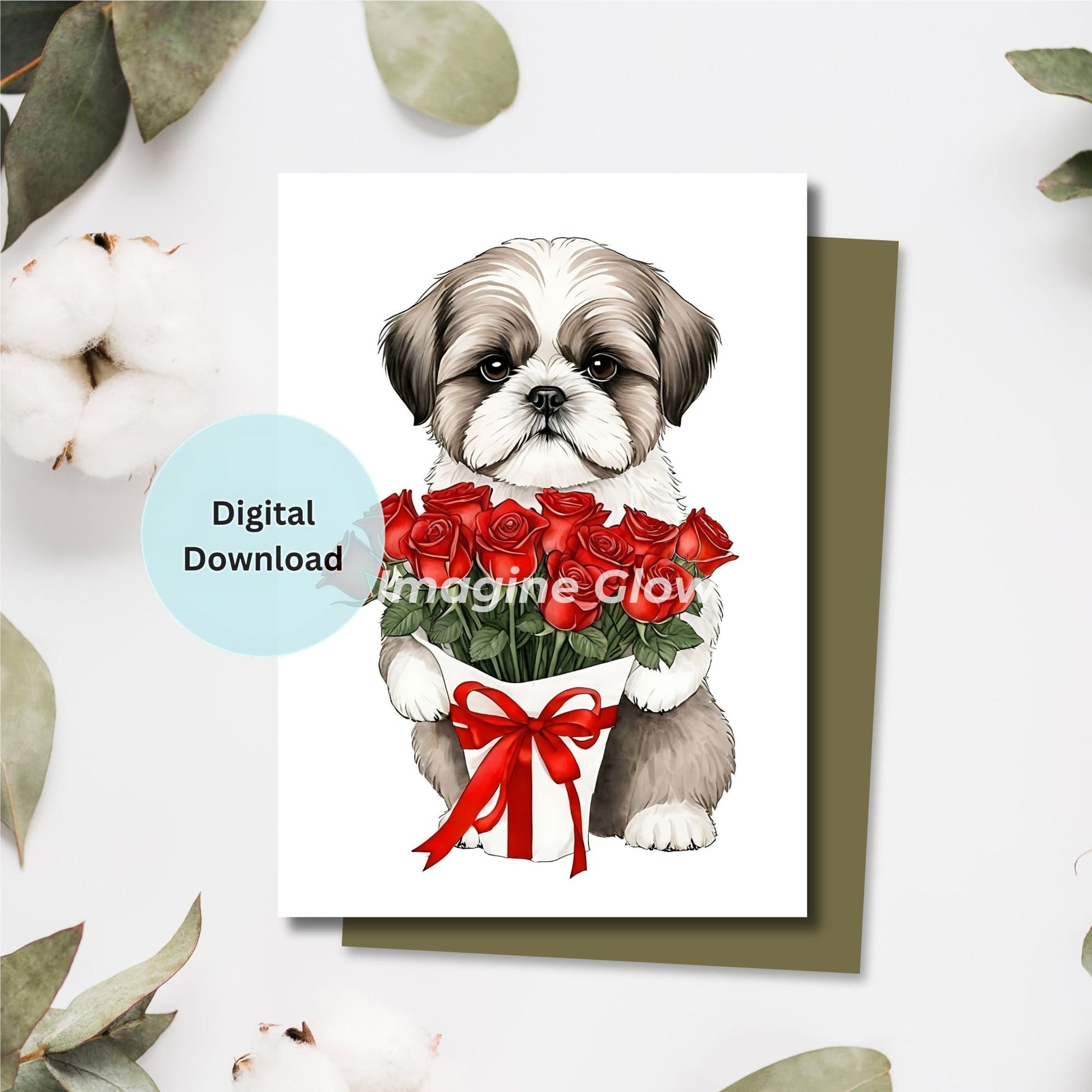 Shih Tzu Romantic Love Card featuring roses.