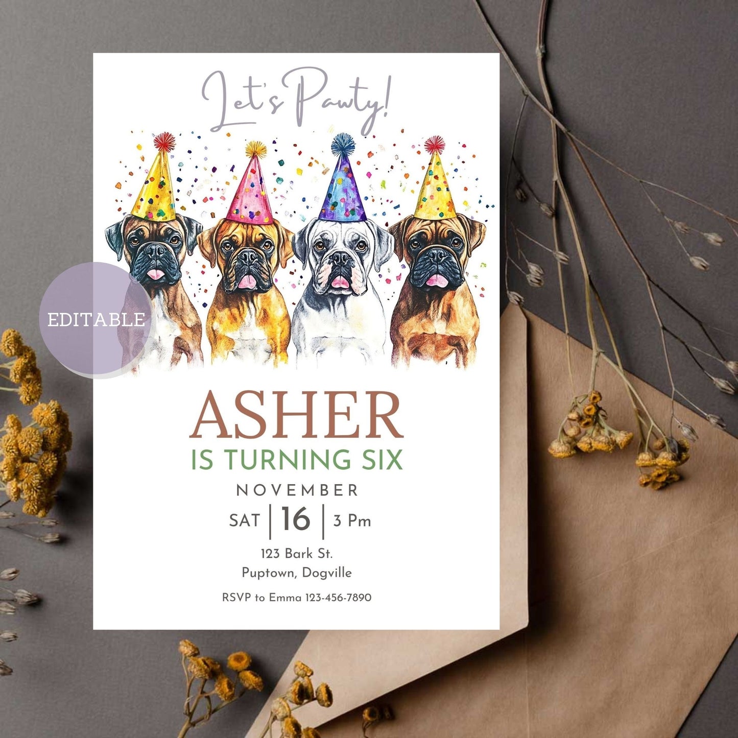 Custom Boxer dog birthday invitation template, editable in Canva.