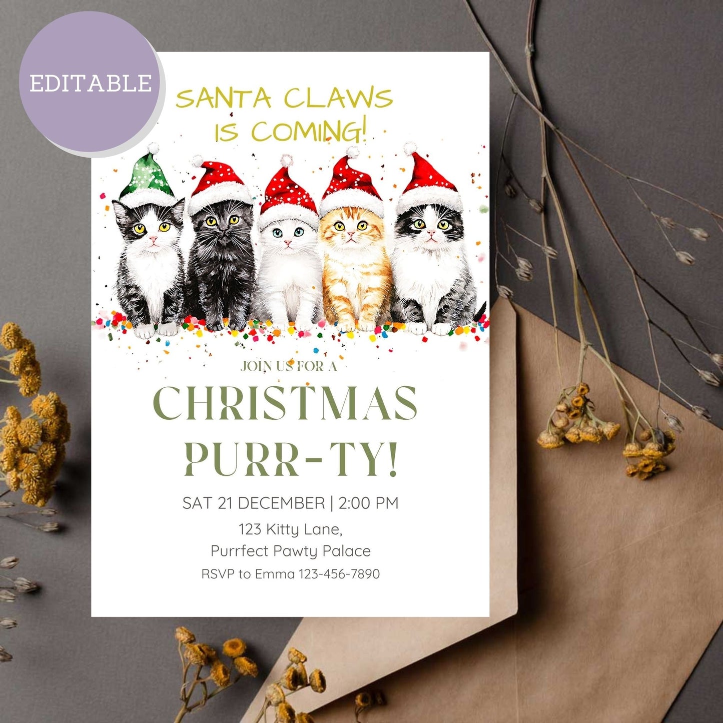 Customizable Kitten Christmas party invitation template, editable holiday invite