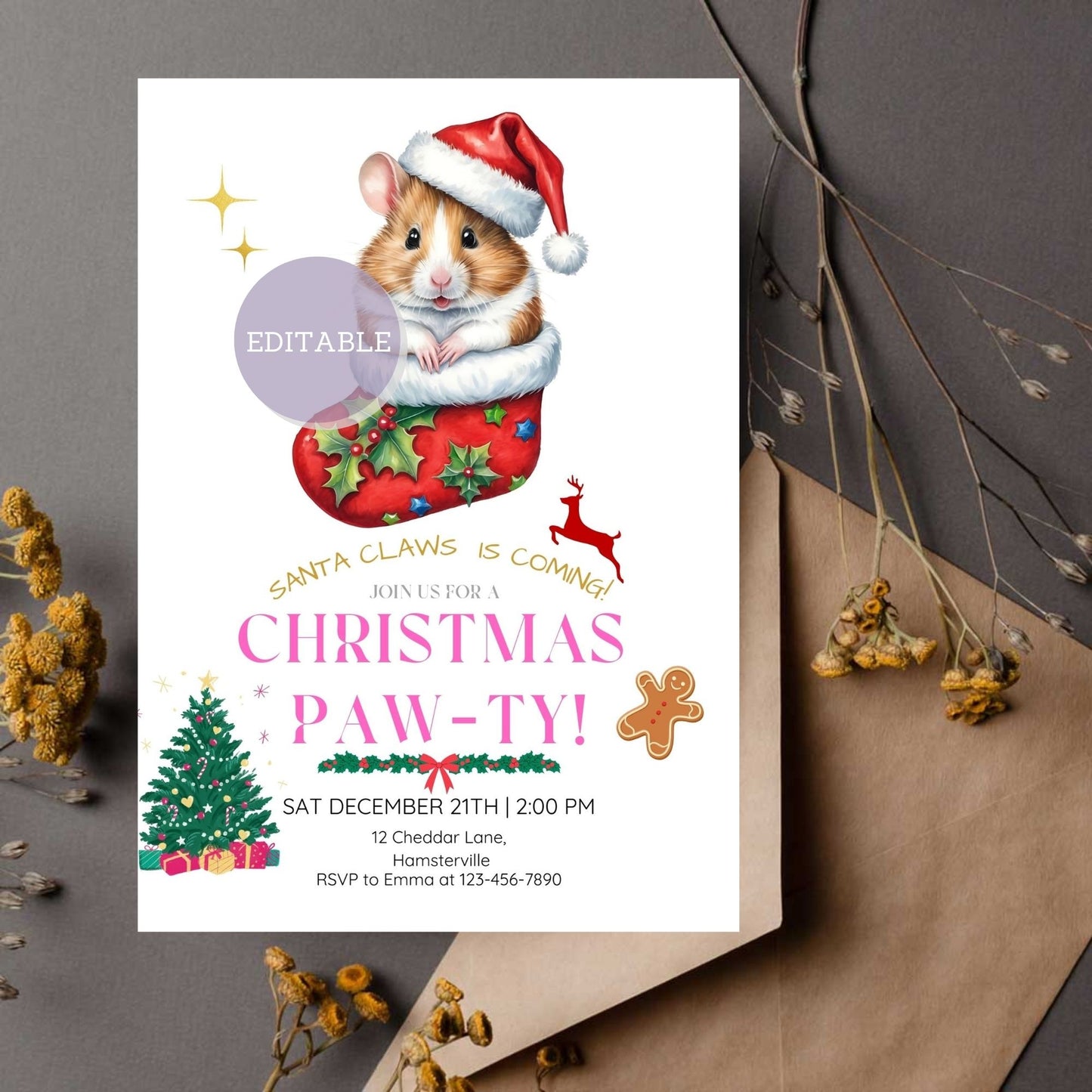 Editable Hamster Christmas Invitation featuring a cute holiday theme - Digital download, ready to personalize for your event.