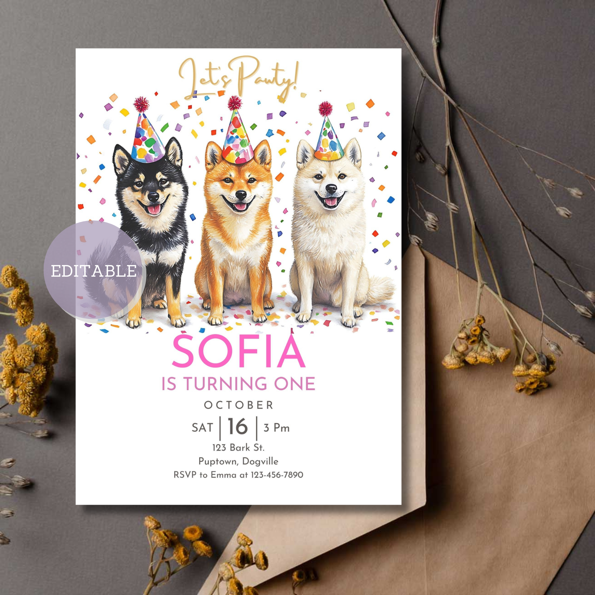 Shiba Inu dog birthday invitation template, editable in Canva.