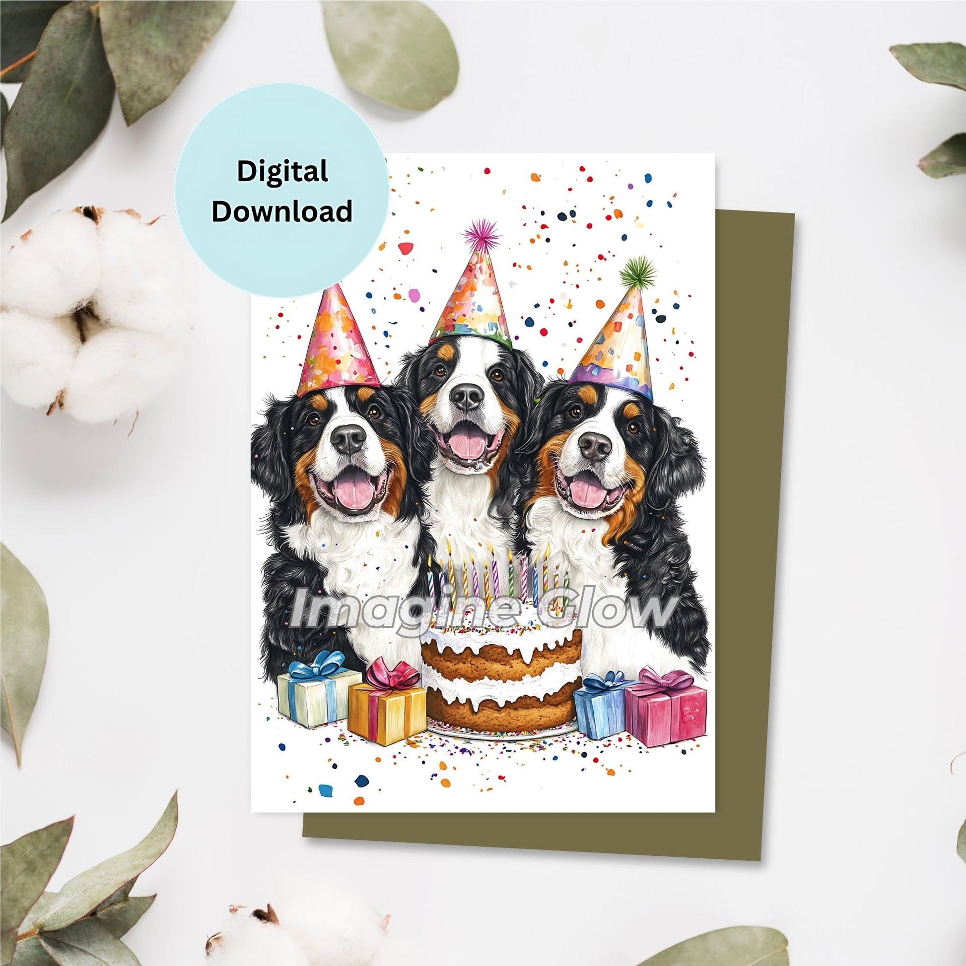 Bernese Mountain Dog birthday card digital download featuring playful dogs at a festive celebration