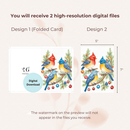 Holiday card featuring colorful birds on snowy branches.