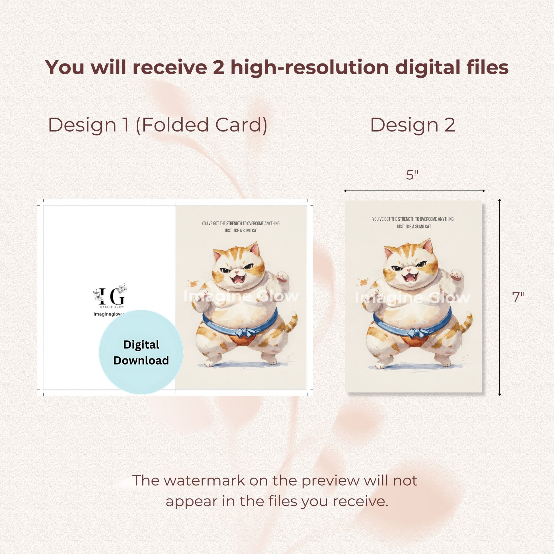 Digital download card with a Sumo cat saying, "You’ve Got the Strength to Overcome Anything!"